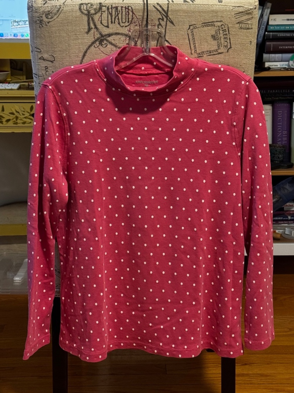 Appleseed's Pink Polka Dot Mock Neck Top with bracelet length sleeves, size PM
